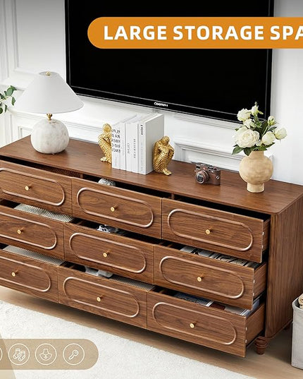 9 Drawer Fluted Dresser for Bedroom, Mid Century Modern Chest of Drawers, Wood Storage Small Dresser Organizer for Bedroom Living Room Hallway Closet, Walnut