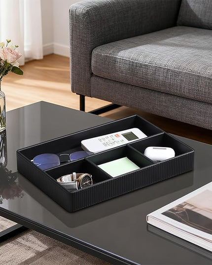 NICLNGSH PU Leather Valet Tray, Decorative Trinket Vanity Desk Drawer Organizer Tray, Perfume Dish Catch All Bowl for Keys, Nightstand Drawer Organizer Women Men with 4 Compartments (Black)