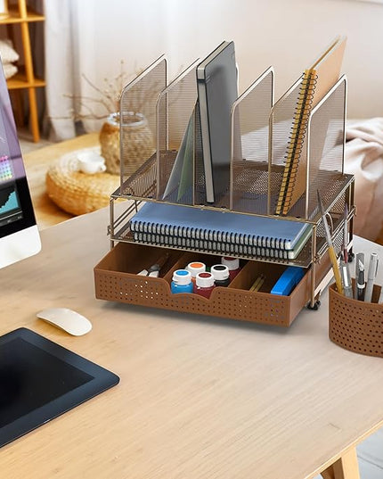 Simple Houseware Mesh Desk Organizer with Sliding Drawer, Double Tray and 5 Upright Sections, Copper