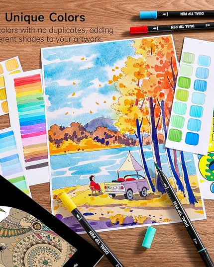 Shuttle Art Dual Tip Brush Pens, 96 Colours Fine and Brush Tip Markers Set with Pen Holder & 1 Colouring Book, Felt Tip Colouring Pens for Adults and Children Colouring Calligraphy Journal Doodling