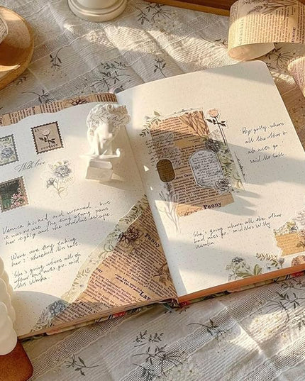 WT Petals & Parchment Washi Sticker Tape Set, 4 Rolls, Original Vintage Floral Designs, Decorative Masking Tape for DIY Crafts, Journaling, Scrapbooking, Planners, and Adhesive Paper Stickers