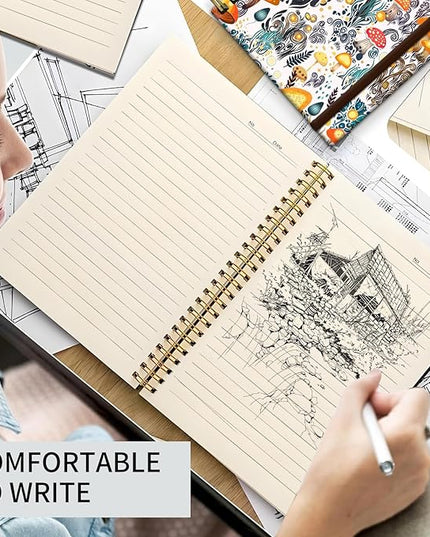Spiral Journal Notebook, A5 Cute Notebooks for Women Men, College Ruled Hardcover Notebook for Work & Note Taking, 60 Pages Double-Wire Journals for Writing, Colorful Boho Mushrooms