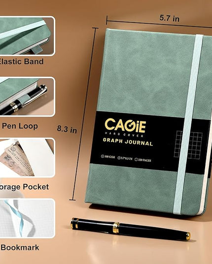 CAGIE Graph Paper Notebook- 320 Pages 100 GSM Graphing Grid Journal A5 Hardcover Leather Quad Ruled Notebooks for Engineering, Math, Work, Green