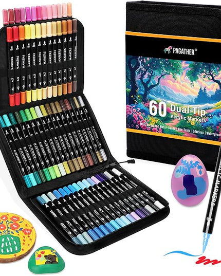 60 Colors Acrylic Paint Markers, Dual Tip with Fine Tip and Brush Tip Pens for Stone, Wood, Calligraphy, Canvas, Ceramic, Metal, Glass, Rock Painting, DIY Crafts Art Supplies Kit