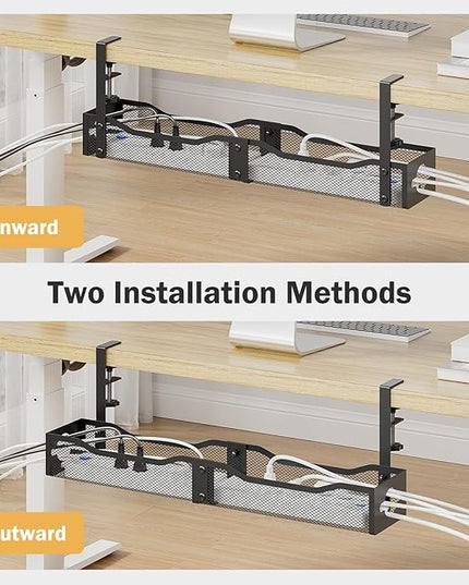 DELAMU 25'' Upgraded Under Desk Cable Management, No Dill Desk Cable Management with F-Clamp, Metal Cable Management Tray to Cord Organizer for Home Office, 1 Pack, Black