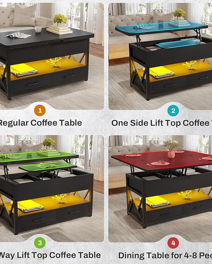 Itaar 40" Lift Top Coffee Table, 4 in 1 Coffee Tables with Storage for Living Room, Small Farmhouse Coffee Table with 2 Drawers & LED Light for Dining Reception Room, Black