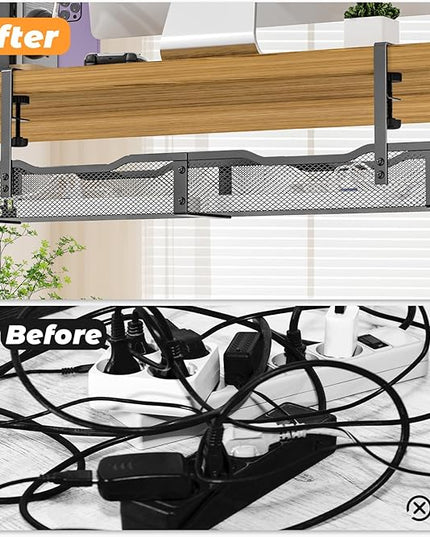 Under Desk Cable Management Tray, No Drill Steel Desk Cable Organizers, Wire Management Tray Cable Management Rack (24.4" Length-Black)