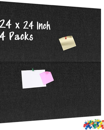DOLLAR BOSS Felt Cork Board Tiles, 4 Packs 12" x 12" 1/2" Thick Cork Bulletin Board Self Adhesive Acoustic Panels Soundproof Corkboards for Walls with 40 Pushpins for Home Office Kitchen School, Black