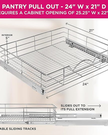 HOLDN’ STORAGE Heavy-Duty Premium Collection Pull Out Cabinet Organizer, Cabinet Drawer Slide Outs, Lifetime Limited Warranty - Basket Size 24" W x 21" D x 5" H, Anti-Rust Chrome Finish