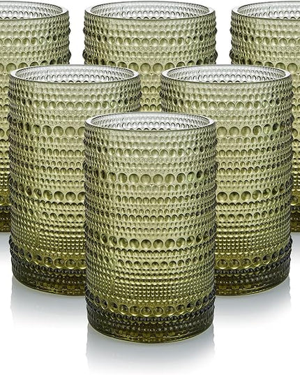 Hobnail Drinking Glasses Set of 6,15 oz Vintage Glassware Set Cocktail Glass Set, Embossed Green Water Tumbler,for Beer, Whiskey,Juice and Various Mixed Drinks (15oz Green)