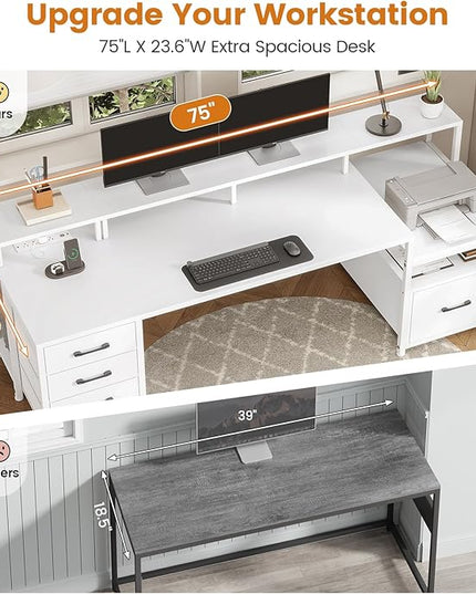 SEDETA White Computer Desk with 5 Drawer & Power Outlet, 75'' Home Office Desk with File Drawer, Storage Shelves, Printer Cabinet and Monitor Shelf, Gaming Desk with Led Lights, 23.6" W Desktop