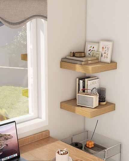 Fun Memories 12 Inch Floating Shelf, Rustic Wood Wall Shelves for Wall Decor & Storage, 12 x 12 Floating Shelf for Living Room, Bathroom, Bedroom, Oak, Set of 2
