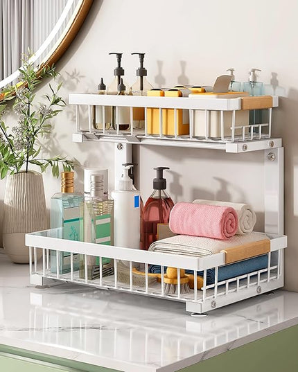 Kitstorack Under Sink Organizer, 2 Packs 2 Tier Under Sink Organizers and Storage, Slide out Pull out Cabinet Organizer Shelf, Metal Sliding Drawer for Kitchen Bathroom Pantry Closet Rack(White)