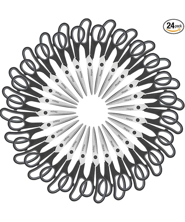 24 Black Scissors Bulk, Rkqoa 8" All Purpose Scissors Pack - Thick Sharp Shears for Office School Sewing Craft Supplies, Classroom Must have, Teacher/Class Scissor, Right/Left Handles