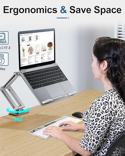 Laptop Mount for Desk, Tablet Arm Mount with 360° Rotating, Aluminum Laptop Tray Adjustable, Foldable Computer Stand/Holder, Fit for 11-17 Inch Laptops (Silver)
