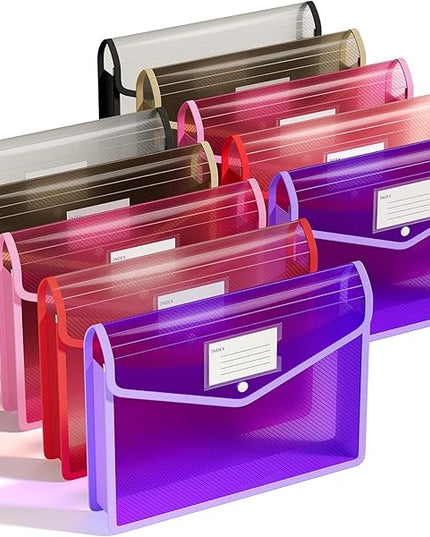ThinkTex Plastic Expanding File Folder, Transparent Envelopes with Snap Closure,Suitable for Home, Office, School and Hospital, Large Capacity，No Dividers, 5 Colors, Fit Letter/A4 Size-10 Pcs