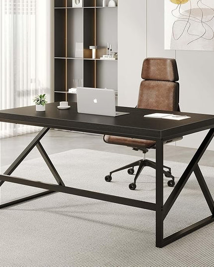 HSH Black Desk, Modern Industrial Home Office Computer Desk, Laptop PC Desk for Student Work Writing Study Gaming, Simple Metal and Wooden Computer Table in Bedroom Living Room Workstation, 55 Inch