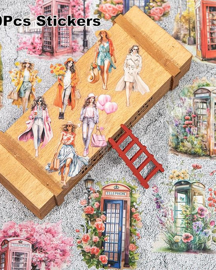AuriicLeaf Telephone Booth PET Sticker Set, 80PCS Vintage Street Scene Stickers for Scrapbooking, Journaling, DIY Crafts, Planner Decoration, and Aesthetic Collage