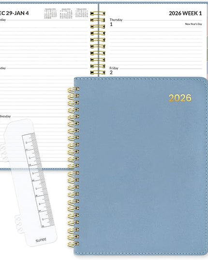 SUNEE 2026 Weekly & Monthly Planner 6.4"x8.5"- 12 Month (January 2026 - December 2026), Vegan Leather Cover, Pocket, Bookmark, Notes, Monthly Tab, Gray Blue