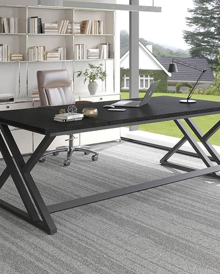 LVB 70.8" Black Computer Desk, Large Industrial Pc Study Home Office Desk, Long Modern Wood Gaming Work Writing Desk for 2 Person, Farmhouse Double Workstation Executive Desk with Storage in Bedroom
