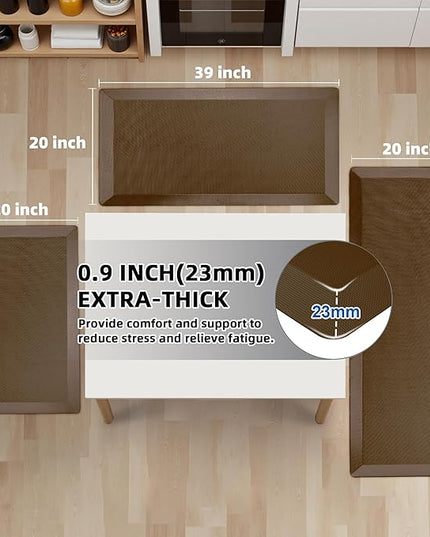 2 PCS Anti Fatigue Kitchen Mats for Floor, Brown 9/10 Extra Thick Cushioned Standing Desk Mat, Comfort Memory Foam Ergonomic Rugs and Mats Non-Slip Waterproof for Office, Kitchen, 20"x32"+20"x48"