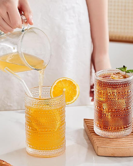 15 oz Clear Hobnail Drinking Glasses with Straws Set of 6, Vintage Glassware Old Fashioned Beverage Glasses, Cocktail Drinking Glassware Set, Kitchen Water Glasses Cup, for Beer, Smoothie, Juice