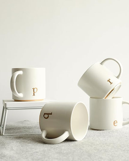COLLECTIVE HOME - Monogram Ceramic Mugs, 15 oz Golden Initial Coffee Cups, Elegant Alphabet Tea Mugs, Elegant Personalized Mug with Gift Box, Luxurious Cups for Office and Home (p)