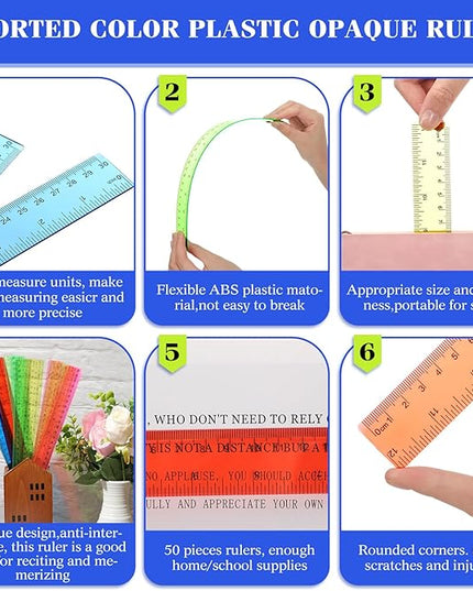 Zonon 50 Pcs 6 Inch/12 Inch Plastic Rulers Bulk Flexible Straight Rulers with Inches Centimeters First Day of School Gift Students Back to School Office Home Supplies(Clear Colorful,12 Inch)