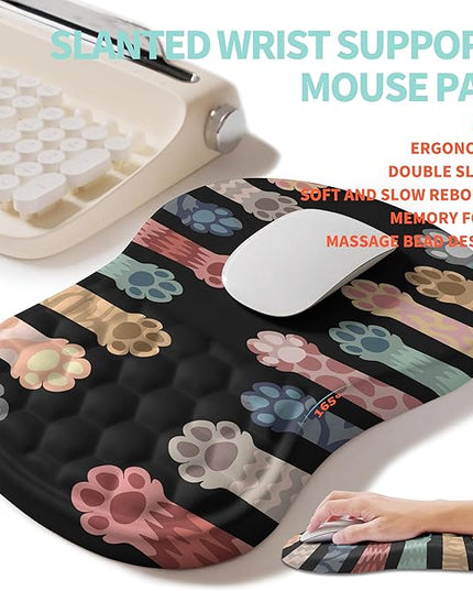 2-in-1 Ergonomic Set, Wave Rise Keyboard Wrist Rest and Massage Bulge Slope Mouse Pad Wrist Support, Cushion Memory Foam Integrated to Relieve Wrist Pain, Multicolour Cat Claws