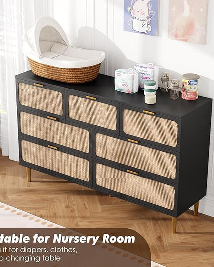 Garvee Rattan Dresser with 7 Drawers, Tall Modern Closet with Deep Storage, Large Chest of Drawers with Wide Top, Long Wooden Dresser for Bedroom, Living Room, Hallway, Kids Room, Black