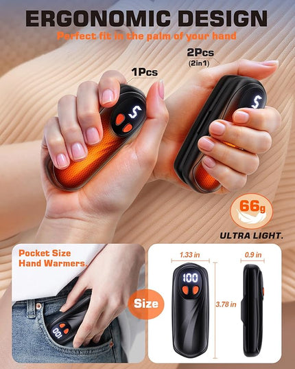 Hand Warmers Rechargeable 2 Pack, 6000mAh Electric Hand Warmers, 5-Level Heating with Battery Display, Reusable Portable Pocket Heater, Gifts for Christmas, Outdoor, Golf, Travel, Hunting, Camping