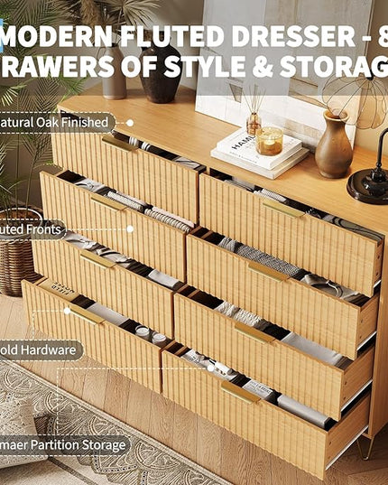 Garvee Fluted Dresser for Bedroom with 8 Drawers,55" Wide Modern Chest of Wooden Bedroom Chest with Metal Handle,Clothes Storage Organizer,Closet Dresser & TV Stand for Living Room,Hallway