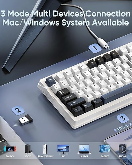 RedThunder K95 Wireless Mechanical Keyboard, TFT Screen & Knob, Tri-Mode BT5.0/2.4GHz/USB-C Hot Swappable Custom, Pre-lubed Linear Switches, Gasket Structure, RGB Gaming Keyboard, Snowy White-Blue