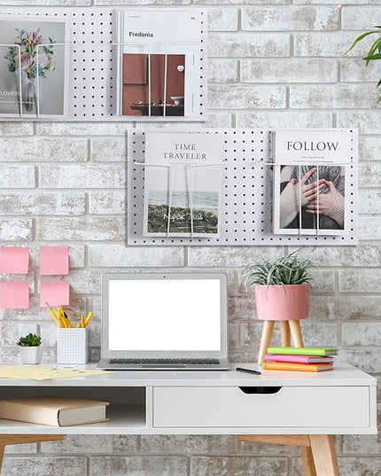 4 Pair Pegboard Display Shelves Expandable Width Metal Magazine Holder Hanging Wall File Organizer Pegboard Accessories Wall Decor for Pantry Exhibitions Trade Show Retail Store(White)