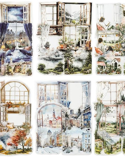 AuriicLeaf Weather Window PET Stickers, 90PCS Large Window Scenery Designs - Cozy Seasonal Views for Scrapbook Journals Planners DIY Decor