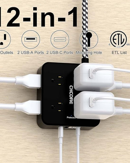 Surge Protector Power Strip - CHCORE 6Ft Braided Extension Cord with 8 Outlets with 4 USB (2 USB C) Charging Ports, Flat Plug Multi Plug Outlet Extender Charging Station for Home Office, ETL, Black