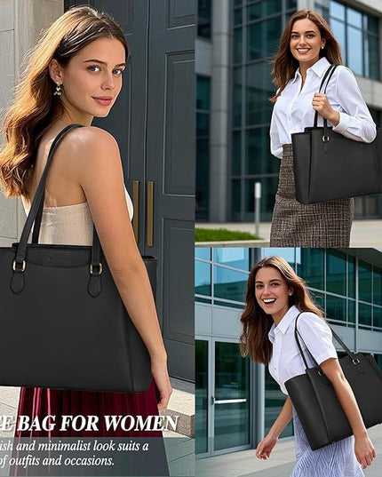 RAINSMORE Laptop Bag for Women 15.6 Inch Work Tote Bags Waterproof Computer Bags Leather Professional Laptop Purse Womens Laptop Briefcase Large Handbag for Office Teacher Travel, Black