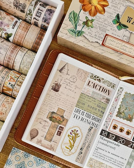 Bomichi 32 Rolls Vintage Washi Tape, Aesthetic Colored Decorative Cute Scrapbook Tape for Scrapbooking Supplies Journaling Craft Junk Journal