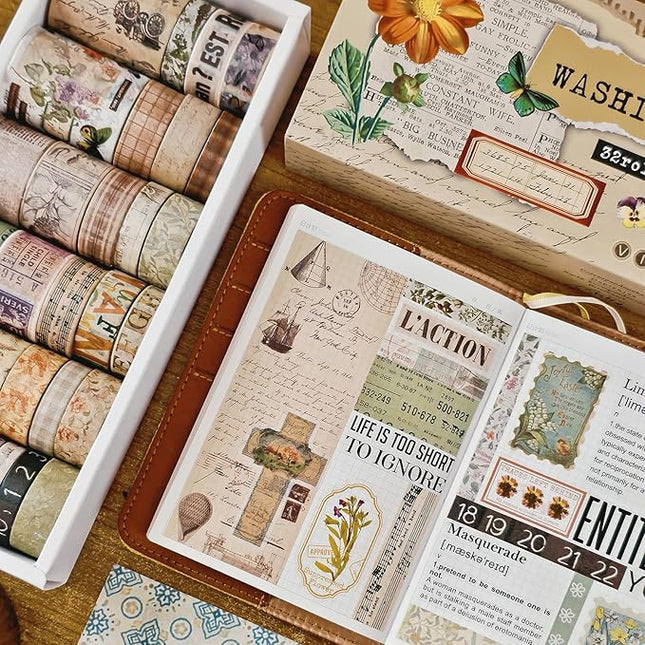 Bomichi 32 Rolls Vintage Washi Tape, Aesthetic Colored Decorative Cute Scrapbook Tape for Scrapbooking Supplies Journaling Craft Junk Journal