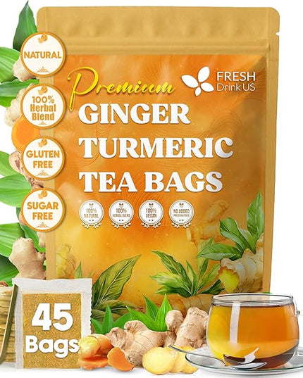 FreshDrinkUS, Premium 45 Ginger Turmeric Tea Bags, 100% Natural Ingredients, Hand-made Blend of Ginger and Turmeric Herbal Tea, Eco-conscious Tea Bags. No Sugar, No Caffeine, No Gluten, Vegan.