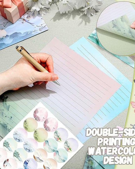 TaoBary 160 Pcs Stationery Paper Set 50 Double Sided Stationery Papers with 50 Matching Envelopes and 60 Round Dot Sticker, 10 Design(Ink Painting,8.5 x 11 Inch)