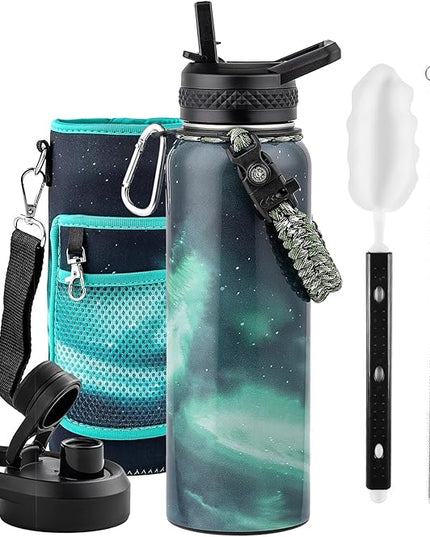 40oz Insulated Water Bottle, Triple Wall Vacuum Stainless Steel Water Bottles - Keeps Cold 48H, Reusable Metal water flask Jug for Gym, Sports, Camping, Hiking,Travel, Aurora-Green