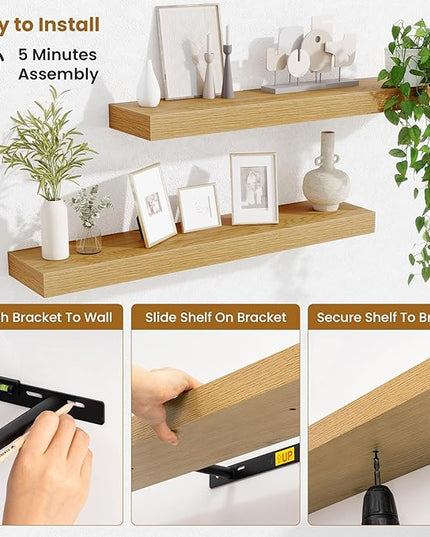 Fun Memories Bathroom Shelves 32 Inch Long Set of 2, Floating Shelves for Wall with Invisible Brackets, for Bedroom, Living Room, Kitchen, Oak