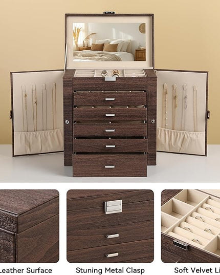 Frebeauty Large Jewelry Box,6-Tier PU Leather Jewelry Organizer,Multi-functional Storage Case with Mirror,Accessories Holder with 5 Drawers for Necklace Bracelets Watches(Tree Brown)
