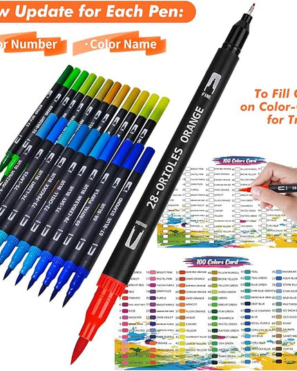 Dual Brush Pens, Markers Adult Coloring Book,100 Colors Art Pens with Fine Point Markers and Brush Tip for Adult Kids Drawing (Black Set)