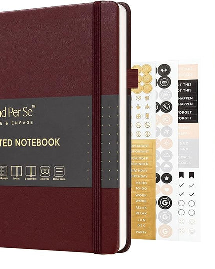 &And Per Se Dotted Journal Notebook, A5 Hardcover Leather Bullet Dotted Journal, 160 Pages 100 gsm Thick Paper，3 Sheets of Stickers Included - 5.7'' x 8''（Dark Red）