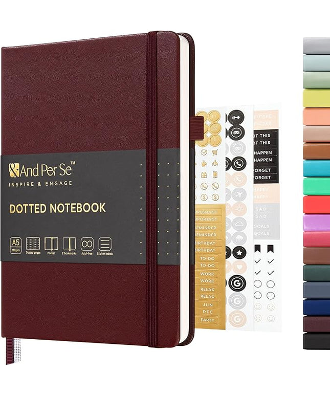 &And Per Se Dotted Journal Notebook, A5 Hardcover Leather Bullet Dotted Journal, 160 Pages 100 gsm Thick Paper，3 Sheets of Stickers Included - 5.7'' x 8''（Dark Red）