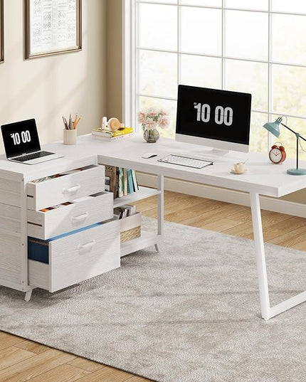 Tribesigns L-Shaped Computer Desk with 3 Drawers, Reversible Corner Home Office Desk with Shelves, 53-Inch Industrial PC Desk Study Writing Table Workstation for Small Space, White