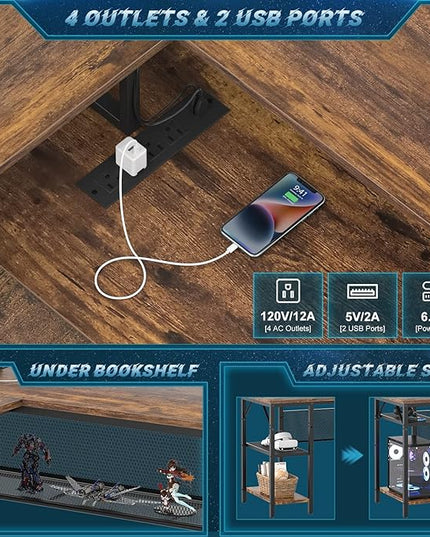 Unikito L Shaped Desk with LED Light and Power Outlet, Reversible Corner Computer Table with Monitor Stand and Storage Shelf, Modern L- Shaped Gaming Desk, Ergonomic Home Office Desk, Rustic Brown