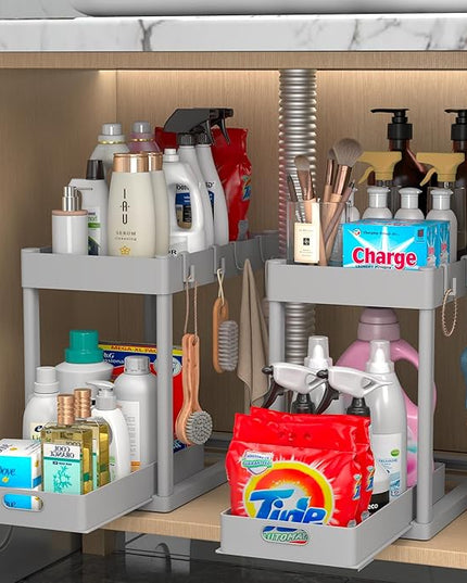 2PC Under Sink Organizer Rack 2 Tier Under Sliding Cabinet Basket Organizer Drawer with 4 Hooks, Multi-purpose Under Sink Storage for Bathroom Kitchen Desktop（Grey）